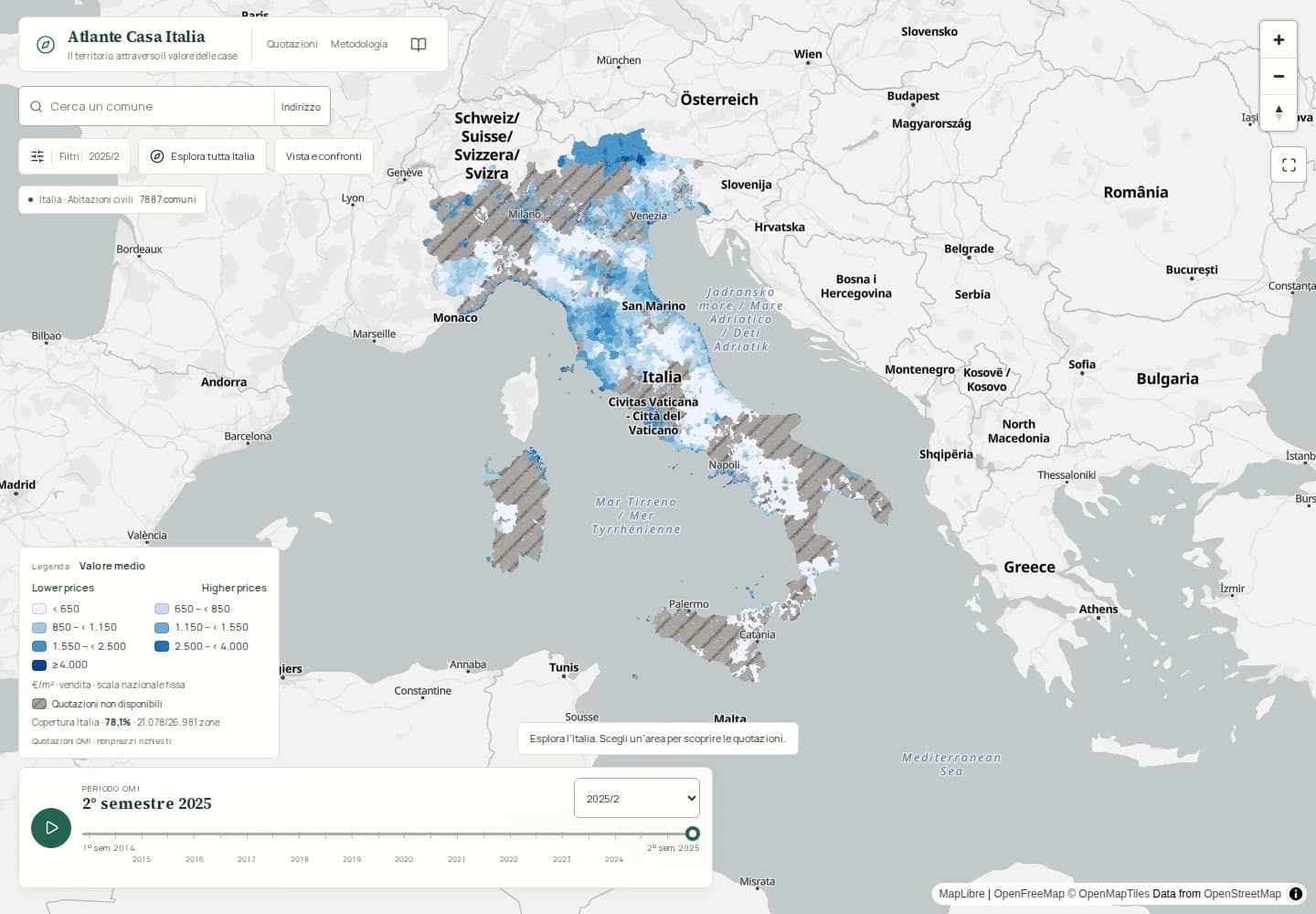 Atlante Casa Italia desktop map showing nationwide residential OMI sale quotations with search, semester, and property-type controls