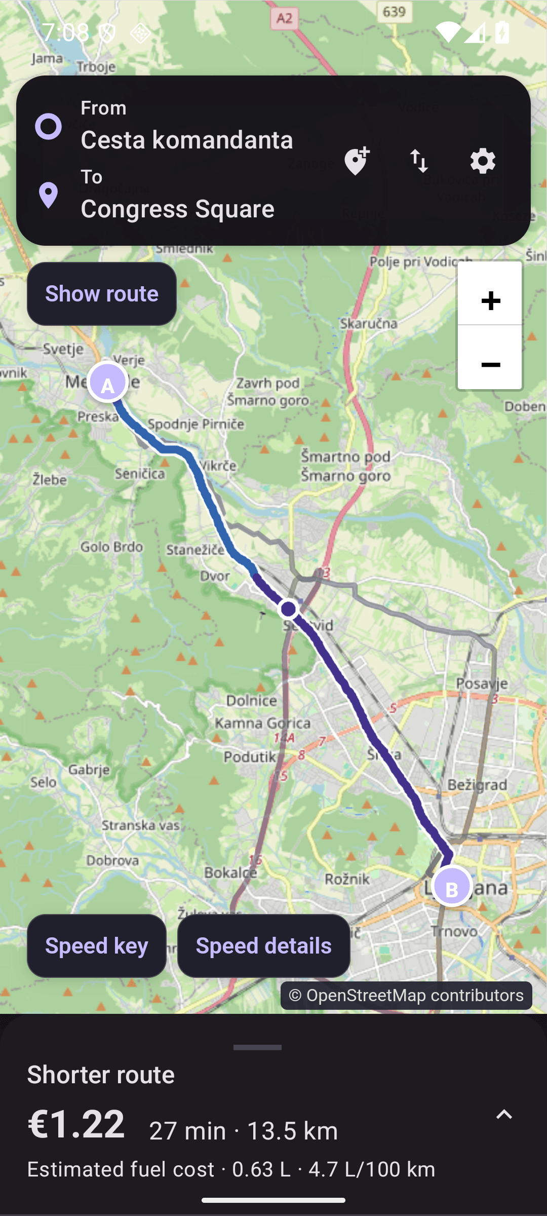 Eco Route Android map showing a calculated trip with estimated fuel use, cost, duration, and distance